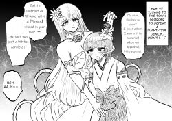  breasts femdom femsub flower_in_hair happy_trance hard_translated heart hug hypnotic_flower kimono large_breasts original plant_girl symbol_in_eyes tears text vines yunhai yuri 