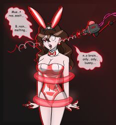  bow_tie brown_hair bunny_ears bunnysuit collarbone english_text eyeshadow femsub hy2300 instant_loss lipstick long_hair nail_polish open_mouth resisting restrained speech_bubble spiral_eyes standing tech_control text tongue tongue_out 