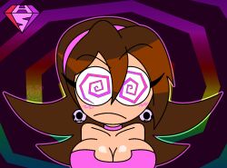  aged_up alternate_costume alternate_hairstyle androgynous_dom bare_shoulders blush brown_hair capcom choker cleavage collarbone earrings eyebrows_visible_through_hair eyelashes femsub headband hypnoscream large_breasts megaman_(series) megaman_legends_(series) pink_eyes pov_dom simple_background spiral_background spiral_eyes surprised symbol_in_eyes tron_bonne 