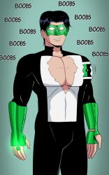  black_hair breast_expansion dc_comics green_lantern_(series) kyle_rayner male_only malesub mask polmanning short_hair standing text torn_clothes white_eyes 