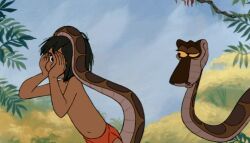  animated animated_gif black_hair coils disney hypnotic_eyes kaa kaa_eyes male_only manip mowgli open_mouth resisting screencast shota snake tail the_jungle_book topless 