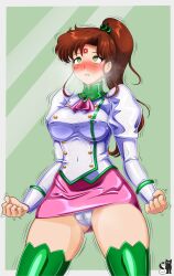  absurdres blush breath brown_hair cameltoe erect_nipples_under_clothes expressionless eye_roll female_only femsub glowing_eyes green_eyes long_hair microchip panties ponytail resisting ribbon rosvo sailor_jupiter sailor_moon_(series) short_skirt simple_background skirt solo standing tech_control thighhighs trembling 