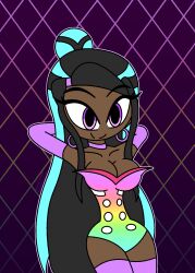  alternate_costume arms_above_head black_hair blue_hair breasts cleavage costume dark_skin earrings eye_color_change female_only femsub happy_trance hypnoscream large_breasts long_hair malamar_outfit multicolored_hair nessa_(pokemon) nintendo pokemon pokemon_legends_z-a pokemon_sword_and_shield purple_eyes smile solo thighhighs thighs very_long_hair 