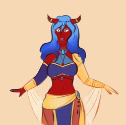 blue_eyes blue_hair breasts dungeons_and_dragons female_only femsub happy_trance harem_outfit horns hypnotic_accessory isari_(mechfried) jewelry large_breasts littleinksheep long_hair magic open_mouth prosthetic_limb smile solo standing standing_at_attention tail tiefling