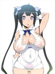  artist_request black_hair blue_eyes blush breasts female_only femsub goddess heart heart_eyes hestia hypnotic_tattoo is_it_wrong_to_try_to_pick_up_girls_in_a_dungeon? large_breasts long_hair looking_at_viewer nipples ribbon solo symbol_in_eyes tattoo twintails white_background 