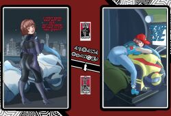 age_regression altered_common_sense ass before_and_after bodysuit boots brain_drain brown_hair cap dialogue diaper hat heels looking_at_viewer looking_back makoto_niijima motorcycle nebulaaxatotol persona_(series) persona_5 persona_5_royal shoes short_hair text