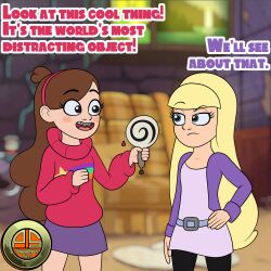  bangs belt blonde_hair blue_eyes braces brown_eyes brown_hair dialogue disney eyebrows_visible_through_hair gravity_falls jacket mabel_pines ordeper_arts pacifica_northwest signature skirt spiral sweater 