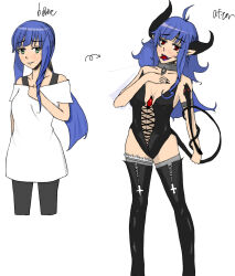 blue_hair blush boots collar corruption demon_girl elf_ears empty_eyes fangs femsub green_eyes happy_trance long_hair monster_girl ponytail red_eyes thigh_boots thighhighs tongue tongue_out