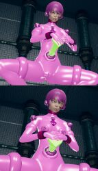  3d alternate_color_scheme alternate_costume alternate_hair_color arms_above_head bodysuit breasts cameltoe catsuit collar comic crossed_eyes dildo erect_nipples erect_nipples_under_clothes female_only femsub happy_trance honey_select_2 latex murochi-san navel_penetration open_mouth original pink_eyes pink_hair rubber short_hair shrunken_irises smile solo spread_legs squatting tentacles tongue tongue_out 