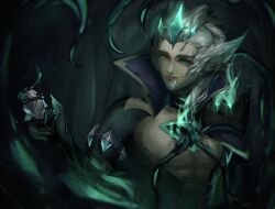  abs alternate_costume alternate_hair_color body_markings control_indicator corruption crown exposed_chest eye_color_change glowing goatee green_eyes hair_color_change happy_trance jumiifoxx league_of_legends male_only maledom malesub netorare pale_skin possession rakan_(league_of_legends) ruination smile smoke viego_(league_of_legends) white_hair 