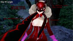 3d ann_takamaki blonde_hair coils drool english_text female_only femsub hypnovember jungle koikatsu! mask night nipples persona_(series) persona_5 pov pov_dom ring_eyes snake_girl text tight_clothing twintails undressing zipper