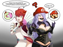 alternate_costume alzul-blue blush boo_(mario) bow breasts brown_hair camilla_(fire_emblem_fates) cleavage closed_eyes crossover dialogue embarrassed english_text femdom femsub fire_emblem fire_emblem_fates ghost gloves hair_covering_one_eye happy_trance hat hinoka_(fire_emblem) lady_bow large_breasts long_hair maledom mario mrff25 mustache nintendo paper_mario possession purple_hair red_hair short_hair smile speech_bubble super_mario_bros. surprised text whitewash_eyes