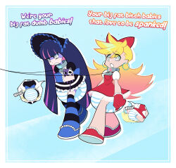 blender blonde_hair bonnet bow collar dialogue diaper diddlepickle earrings leash long_hair panty panty_and_stocking_with_garterbelt purple_hair skirt spiral_eyes stocking text