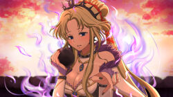  aura bare_shoulders blonde_hair blue_eyes blush bow cleavage corruption earrings ephikro0810 eyebrows_visible_through_hair female_only femsub fire_emblem fire_emblem_mystery_of_the_emblem gloves hair_ornament long_hair long_nails looking_at_viewer nail_polish necklace nintendo nyna_(fire_emblem) opera_gloves orb ponytail pov ring solo 