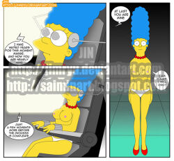 blue_hair bondage comic dialogue expressionless femsub jimryu long_hair marge_simpson spiral_eyes standing standing_at_attention symbol_in_eyes tech_control text the_simpsons topless underwear watermark western yellow_skin