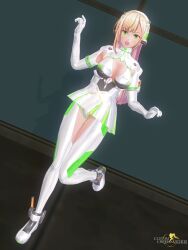  3d before_and_after blonde_hair boots breasts cleavage custom_maid_3d_2 dfish303 dress female_only gloves green_eyes long_hair looking_at_viewer open_mouth opera_gloves original solo thigh_boots thighhighs tongue 