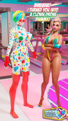  3d bare_legs blender breasts clown clown_girl clownification collar crossed_arms dialogue drone dronification earrings faceless female_only femdom femsub fingerless_gloves gloves high_heels long_hair mercy multiple_girls overwatch pink_hair rainbow_hair short_hair sidecut signature sling_bikini sombra_(overwatch) standing standing_at_attention supercasket tan_skin tech_control text thighhighs white_skin 