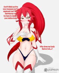  blush breasts corruption female_only femsub gurren_lagann large_breasts long_hair mephaustis ponytail red_hair text thigh_gap thighhighs tongue tongue_out yoko_littner 