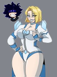 black_hair blonde_hair blue_eyes blue_lipstick blush breast_fondling cleavage emma_frost gio_bodyswap goodih_(goodih) grey_background hand_on_hip happy_trance holding_breasts large_breasts lipstick makeup maledom marvel_comics marvel_rivals original possession short_hair simple_background smile speech_bubble spider-man_(series) super_hero thick_thighs thighs x-men