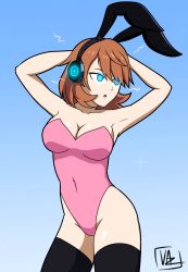 absurdres arms_above_head blue_eyes breasts brown_hair bunny_ears bunnysuit cleavage fake_animal_ears female_only femsub glowing glowing_eyes headphones large_breasts navel open_mouth persona_(series) persona_3 short_hair solo tech_control thighhighs violetaz yukari_takeba