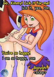 breasts cheerleader disney empty_eyes femsub handjob happy_trance hypnotic_accessory kim_possible kim_possible_(series) long_hair maledom manip microchip open_clothes orange_hair panic_attack_(manipper) penis ron_stoppable tech_control text western