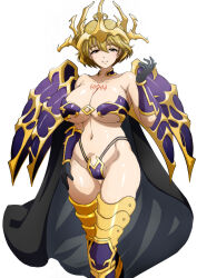 alternate_costume bare_shoulders blonde_hair body_markings bozel_(langrisser) cape choker corruption evil_smile femsub gloves happy_trance helmet langrisser large_breasts midriff moonlight_udon navel possession short_hair smile sophia_(langrisser) tattoo thick_thighs thighhighs thighs white_background yellow_eyes