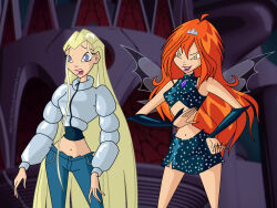 blonde_hair bloom_(winx_club) corruption fairy female_only fitzoblong hypnotic_eyes icy_(winx_club) long_hair open_mouth red_hair skirt winx_club