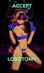  barcode blush breasts brown_hair choker cleavage dog_girl double_v femsub headphones high_heels kneeling lobotomy navel nightmare_fuel panties pekorelle posing propaganda shoes short_hair simple_background tail tattoo tears text thighs tube_top v visor wires 