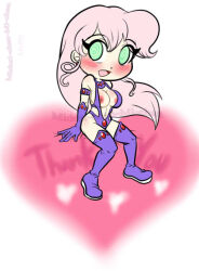 alien alien_girl amber_sheller breasts breasts_outside chibi cosplay dc_comics femsub gloves happy_trance huge_breasts midori-chan open_clothes opera_gloves spiral spiral_eyes starfire super_hero symbol_in_eyes teen_titans text