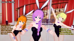 3d blonde_hair blue_eyes blush braid bunnysuit dialogue empty_eyes english_text female_only femsub freckles green_eyes hailey_(liz_b) happy_trance hypnovember koikatsu! latina lipstick liz_(liz_b) liz_b mole orange_eyes orange_hair original pole_dancing ponytail pov purple_hair smug text willow_(liz_b)