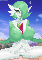  blush bottomless breasts cowgirl_position deepspaceart erect_nipples_under_clothes eyebrows_visible_through_hair femsub gardevoir green_hair green_skin hair_covering_one_eye happy_trance holding_hands huge_breasts kaa_eyes lying maledom nintendo nipples on_back outdoors penis pokeball pokemon pokemon_(creature) pokephilia pov pussy pussy_juice sex short_hair smile spread_legs trembling white_skin 