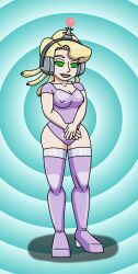  absurdres antenna blonde_hair breasts female_only fembot femsub glacia green_eyes happy_trance headphones hypnotic_accessory large_breasts latex nintendo nipples pokemon pokemon_omega_ruby_and_alpha_sapphire robotization short_hair smile spiral_eyes supertechno324 symbol_in_eyes tech_control thighhighs 