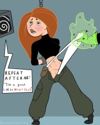  absurdres amurosaotome bondage disney drool femdom femsub gloves hypnotic_screen kim_possible kim_possible_(series) midriff open_mouth panties red_hair shego text underwear wedgie white_panties 