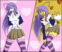 before_and_after blush collar curry empty_eyes food hypnotic_food long_hair mizore_shirayuki open_mouth pantyhose purple_eyes purple_hair rosario+vampire school_uniform skirt smile tfsubmissions yellow_skin
