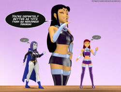  3d alien_girl bare_legs black_hair blackfire dc_comics demon_girl dollification femdom femsub latinkaixa leotard long_hair multiple_girls pink_eyes purple_hair raven red_hair short_hair skirt starfire super_hero teen_titans thighs 