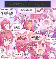 accidental_hypnosis ahiru_(gojulas) black_eyes black_sclera blush breasts camera charm_(spell) cleavage closed_eyes clothed comic confused dialogue dress english_text female_only femdom femsub gloves glowing_eyes gojulas green_eyes happy_trance heart heart_eyes hypnotic_object large_breasts leaning_forward long_hair looking_at_viewer mina_(gojulas) open_mouth original pink_hair purple_hair red_eyes red_hair resisting skirt smile speech_bubble symbol tears text weak_resistance yuri