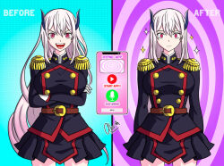 alerith bangs before_and_after belt breasts cell_phone expressionless femsub gloves horns hypnotic_app hypnotic_screen kyouka_uzen long_hair mato_seihei_no_slave military_uniform red_eyes skirt solo spiral_background standing uniform