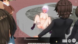 3d antenna ass aware belt blue_eyes blush body_control boots bottomless breasts brown_hair business_suit collar crown dialogue embarrassed exhibitionism glasses hitori humiliation jewelry large_breasts multiple_girls nipples nude original purple_eyes purple_hair remote_control short_hair spread_legs tech_control text topless undressing unhappy_trance urination
