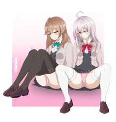 absurdres alisa_mikhailovna_kujou alya_sometimes_hides_her_feelings_in_russian bra breasts brown_hair cameltoe expressionless female_only femsub kronobas28 long_hair maria_mikhailovna_kujou panties pink_background school_uniform simple_background sisters thighhighs white_hair