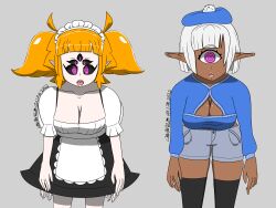  bangs beret breasts cleavage cyclops dark_skin dress drool elf_ears expressionless eyelashes fangs female_only femsub frills glowing glowing_eyes large_breasts maid maid_headdress monster_girl multiple_arms multiple_eyes multiple_girls multiple_subs open_mouth orange_hair original pale_skin pink_eyes short_hair short_shorts shorts skirt slouching sobergin spider_girl spider_maid_(sobergin) spiral_eyes standing straight-cut_bangs sweater symbol_in_eyes thighhighs tongue tongue_out twintails white_hair 