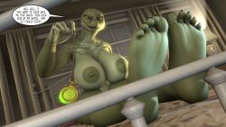 3d bed bedroom character_request eyelashes feet femdom foot_focus furry green_skin large_breasts large_nipples long_nails milf nipples open_mouth original pocket_watch pov_sub scalie sharp_teeth sleep_command smile snake_girl speech_bubble tagme yellow_sclera zonkypones