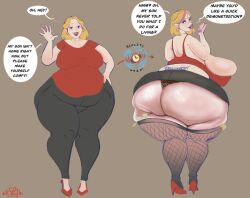  before_and_after blonde_hair breasts clothed clothed_exposure dialogue earrings fat female_only femsub huge_breasts instant_loss leopard_print maledom milf moessins money multiple_views original prostitution solo text transformation weight_gain 