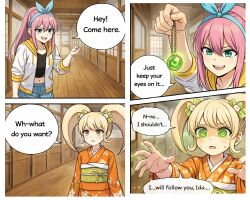 ai_art aubrey_(omori) blonde_hair dangan_ronpa green_eyes hiyoko_saionji kimono long_hair omori pendulum pink_hair resisting spiral_eyes tomboy