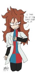  android_21 baby_(dragon_ball) blood breast_fondling brown_hair coat dialogue dragon_ball dragon_ball_fighterz dragon_ball_gt english_text facial_markings femsub jewelry josedraws long_hair possession ring simple_background sweat text tuffleization white_background wounds 