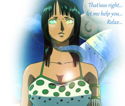 bare_shoulders black_hair breasts cleavage clothed disney expressionless female_only femsub hypnotic_eyes kaa kaa_eyes large_breasts long_hair manip nico_robin one_piece scalesandspirals_(manipper) snake solo text the_jungle_book