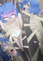  bare_shoulders blue_hair coffin comic edamomo egyptian erection erection_under_clothes eye_roll femboy glowing_eyes green_eyes magic male_only malesub mummification necklace penis pink_eyes restrained simple_background solo 