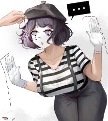  blue_eyes breasts clothed coin collarbone drool eroborne eyebrows_visible_through_hair eyelashes femsub gloves hat lipstick makeup mime original pants pendulum purple_hair short_hair signature simple_background speech_bubble spiral_eyes suspenders symbol_in_eyes 