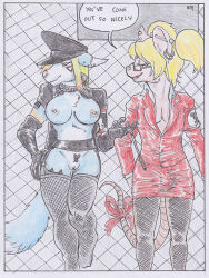 barcode blonde_hair bottomless breasts bulge cigarette clothed_exposure collar crotch_tattoo earrings femboy femsub fishnets fox_girl furry garter_belt garter_straps glasses gloves hand_on_hip hat hym jacket kiki_(lapsa) latex maledom military_uniform mouse_boy multicolored_hair nazi nipple_piercing nipples open_clothes opera_gloves original piercing pussy ribbon seductive_smile smile tattoo thighhighs topless