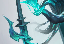 alternate_color_scheme alternate_costume alternate_form aura corruption crossover crown femsub floating glowing league_of_legends maledom nier_automata pale_skin possession ruination shixiang_zhao square_enix sword thighs viego_(league_of_legends) weapon yorha_type_a_no._2