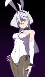 absurdres animal_ears bare_shoulders batta18th blush breasts bunny_ears bunny_girl bunnysuit cuffs empty_eyes expressionless fake_animal_ears female_only femsub grey_eyes gundam_(series) gundam_the_witch_from_mercury looking_at_viewer miorine_rembran navel pale_skin pantyhose silver_hair solo standing 